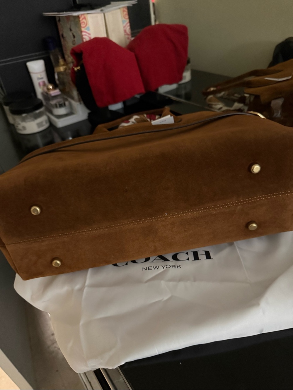 NWT Coach Suede Satchel in Chestnut with Silk-Scarf Wrapped Handles - Picture 6 of 10